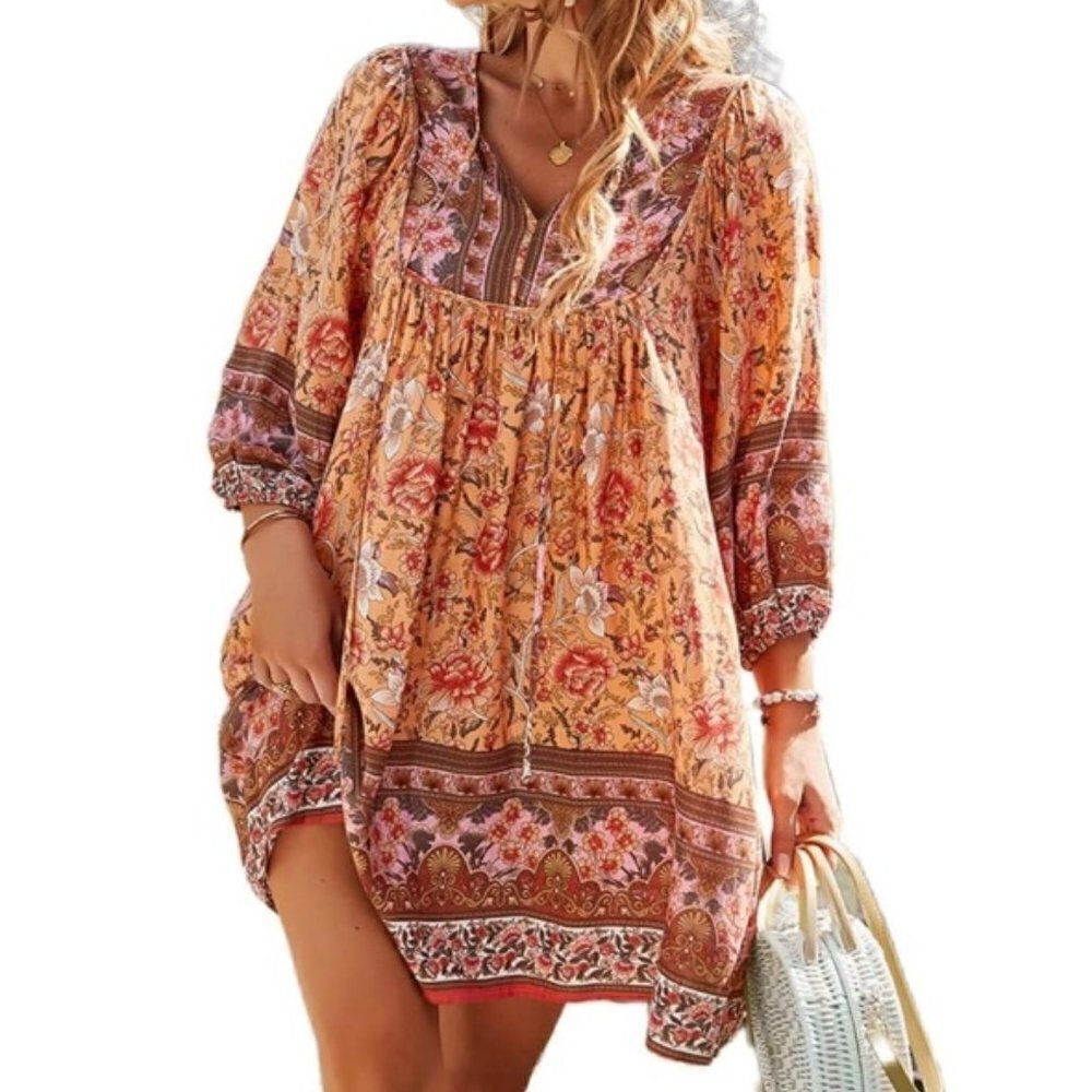 TEMOFON Women's Floral Paisley Boho Mini Swing Dress Orange Size Medium
